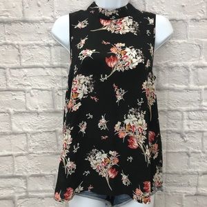ANTHRO Maeve Black Floral Mock Neck Silk Blouse